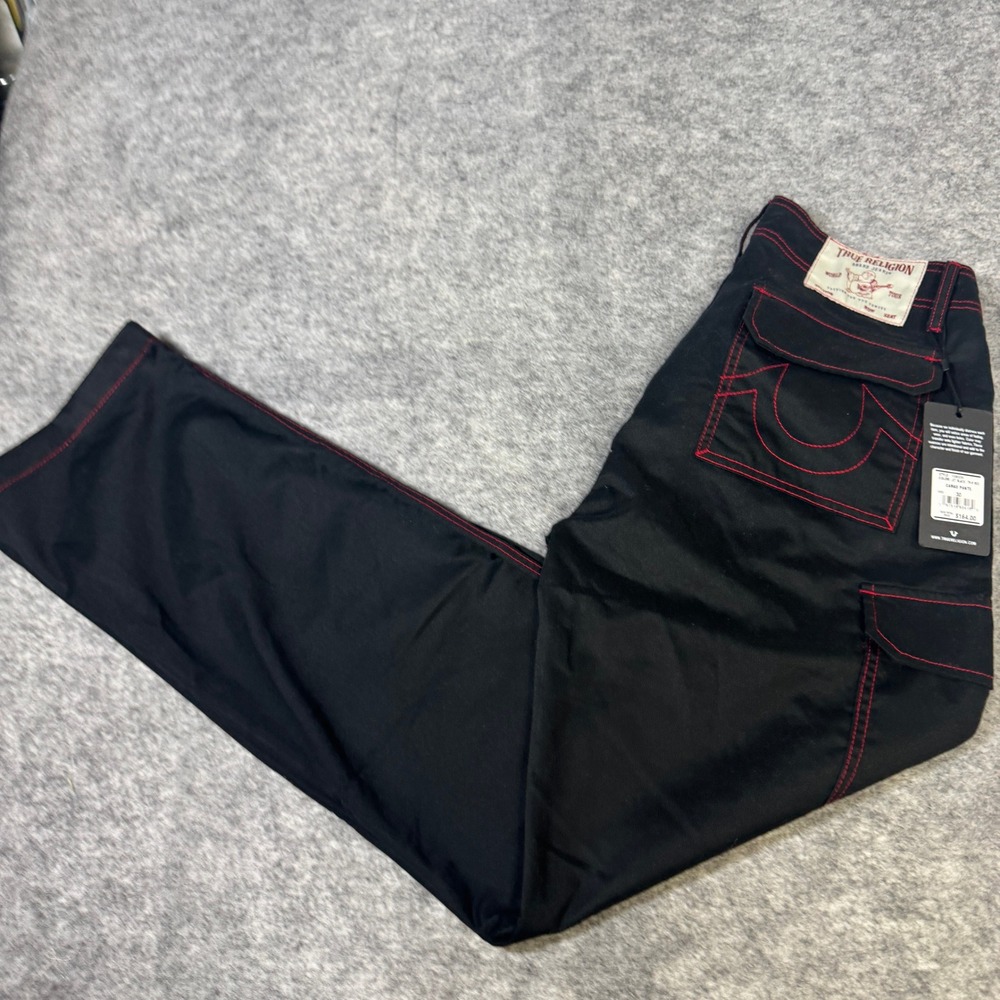 True Religion Mens Cargo Pants Black Red Contrast Stitch Horseshoe Size 30 NWT